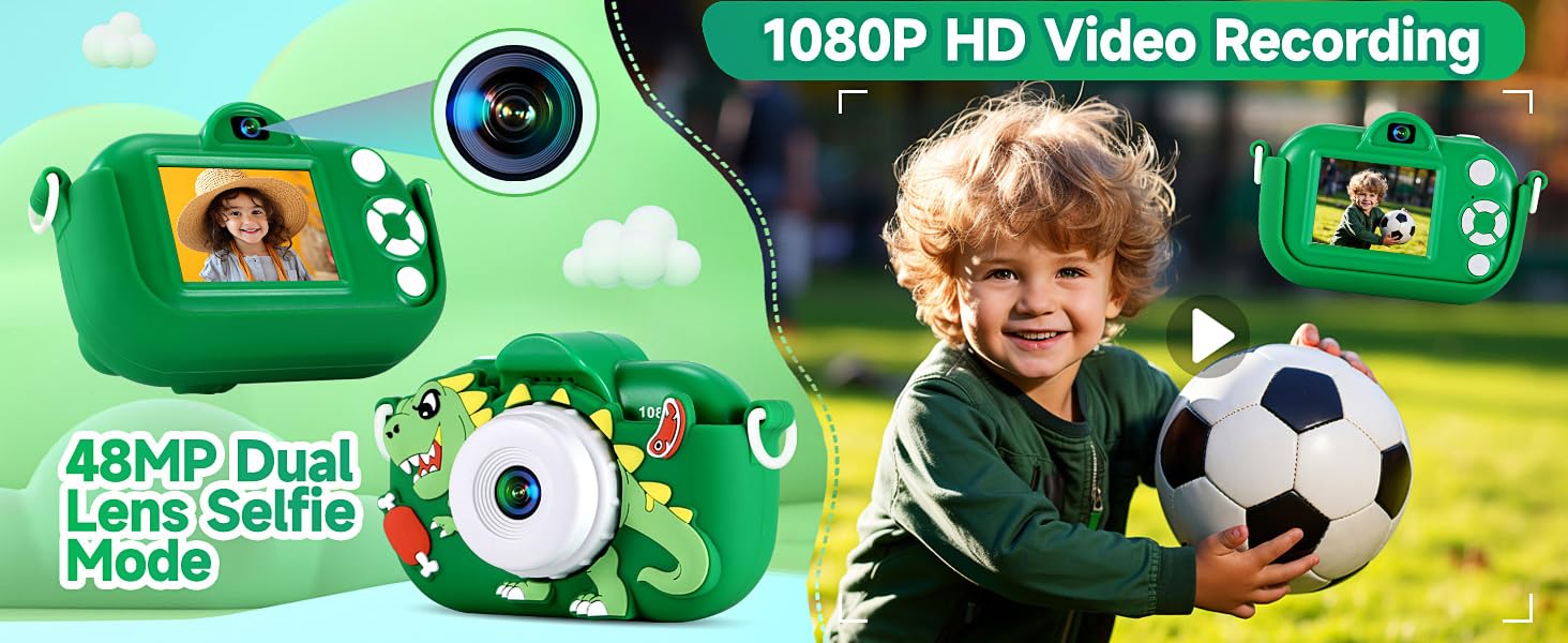 Kids Camera Boys Toys for 3 4 5 6 7 8 9 Years Old Boys, 48MP Dual Lens Kids Digital Camera Toddler Camera Christmas Birthday Gifts, 1080P HD Video Selfie Camera with 32G SD Card 24hrsmart